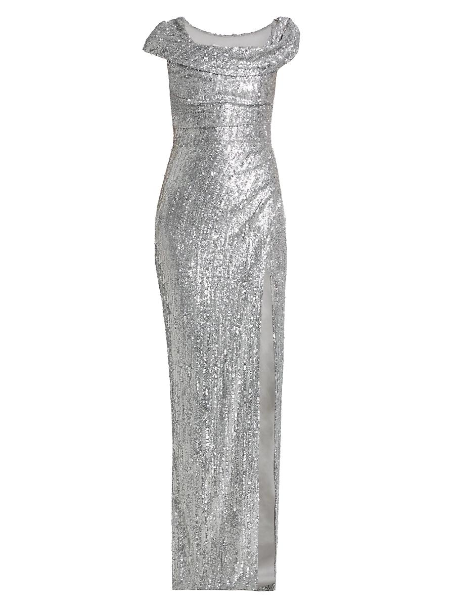 Womens Sequined Draped Column Gown Product Image