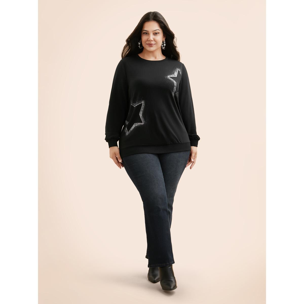 Plus Size Star Rhinestone Slightly Stretchy Sweatshirt Women Black Casual Rhinestone detailing Round Neck Everyday Sweatshirts BloomChic 12/L Product Image