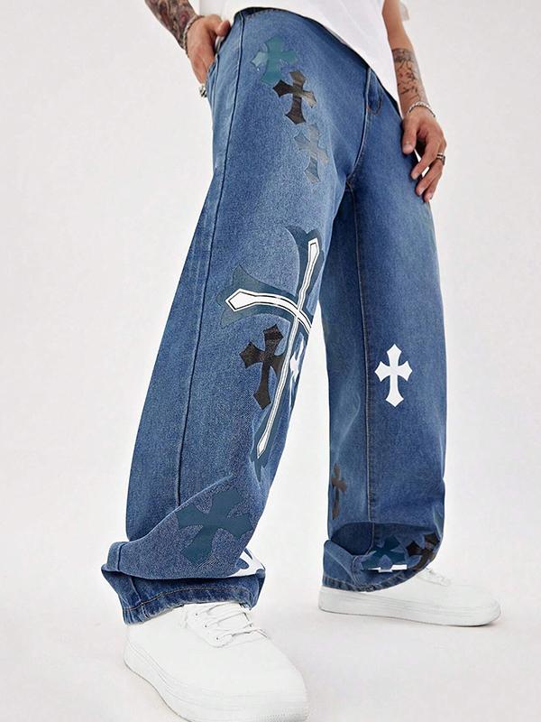 Men's Clashing Cross Print Loose Jeans Product Image