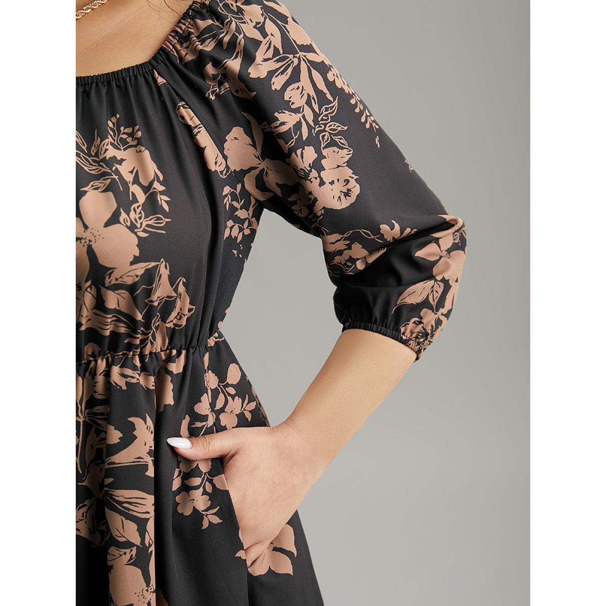 Plus Size Silhouette Floral Print Elastic Cuffs Dress Black Women Elegant Elastic cuffs Square Neck Elbow-length sleeve Curvy Midi Dress BloomChic 26/4X Product Image