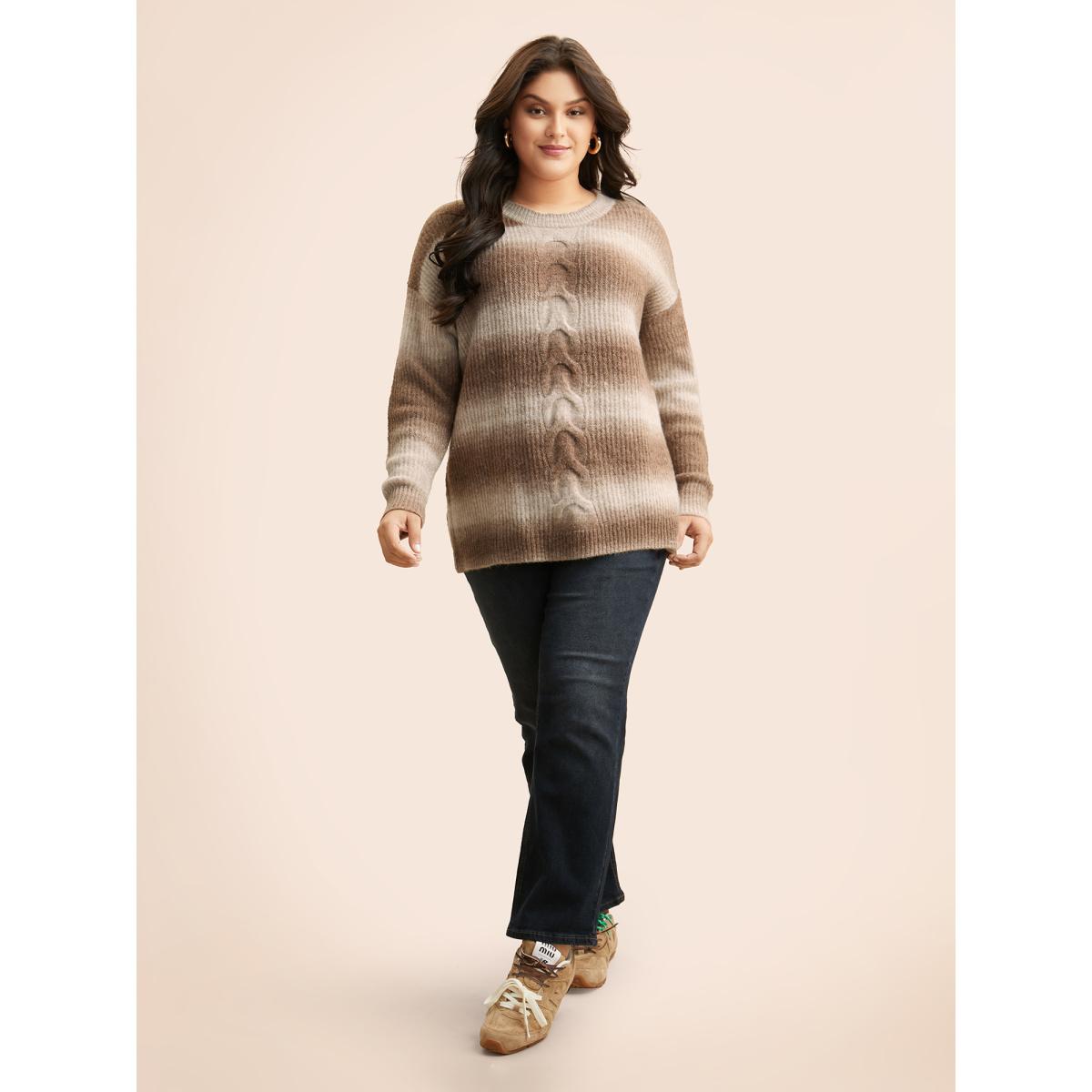 Plus Size Crew Neck Textured Drop Shoulder Pullover Yellowishbrown Women Casual Loose Long Sleeve Round Neck Everyday Pullovers BloomChic 26/4X Product Image