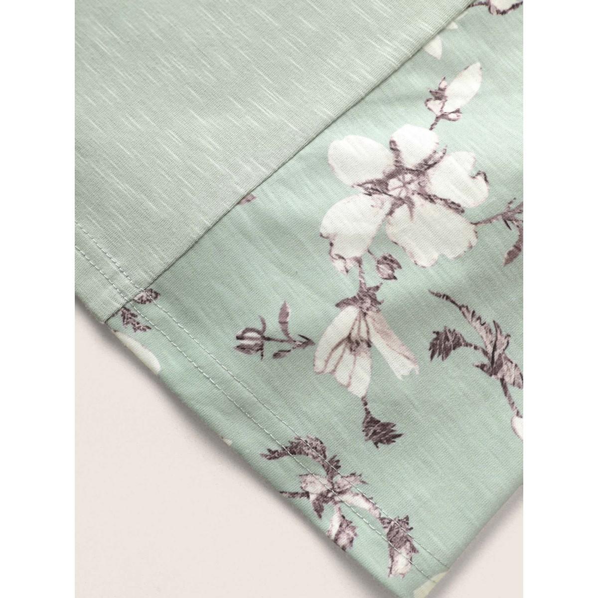 Plus Size Floral Patchwork Pleated Raglan Sleeve T-shirt LightGreen Women Elegant Contrast Natural Flowers V-neck Everyday T-shirts BloomChic 14-16/1X Product Image