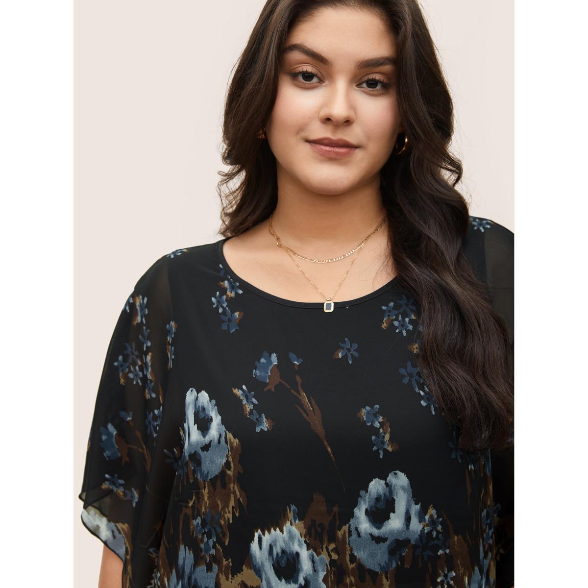 Plus Size Black Pixel Flower Shirred Batwing Sleeve Blouse Women Romantic Half Sleeve U-neck Elegant Blouses BloomChic 12/L Product Image