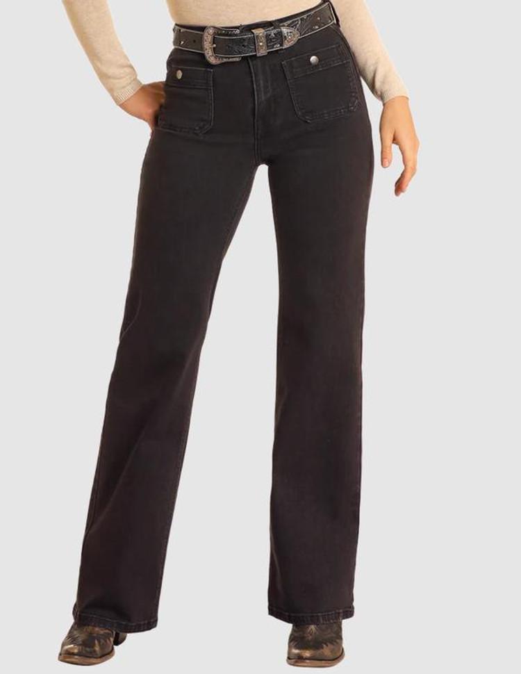 SALE Rock & Roll Denim® Ladies' Black HR Relaxed Flare Jeans Product Image