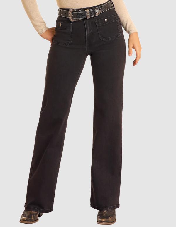 SALE Rock & Roll Denim® Ladies' Black HR Relaxed Flare Jeans Product Image