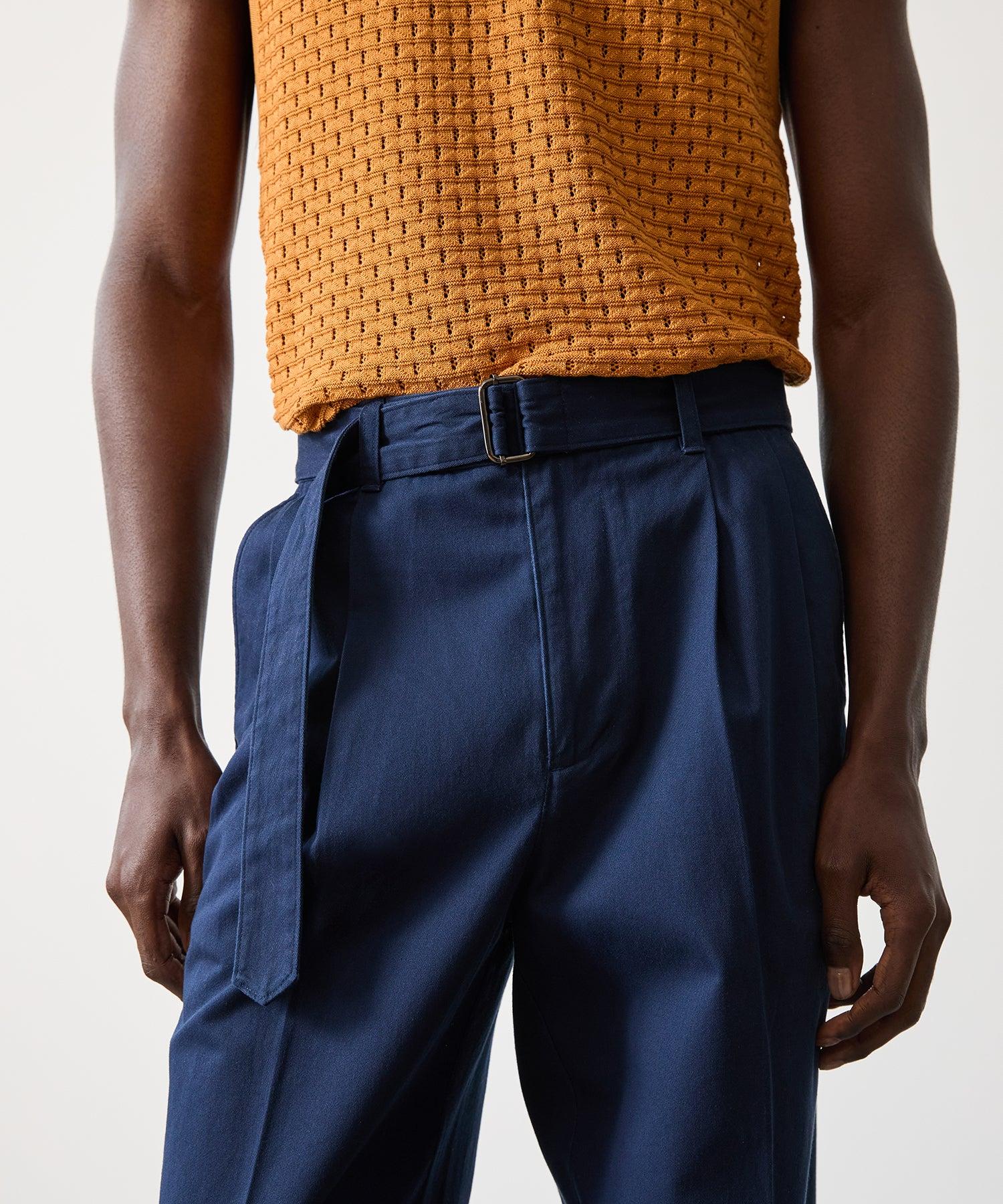 Relaxed Cotton Self Belted Trouser in Navy Product Image