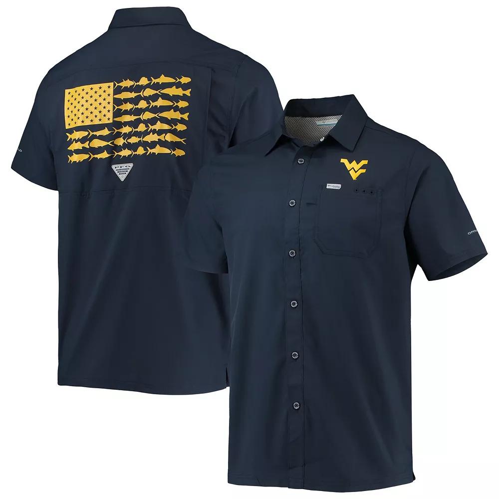 Men's Columbia PFG Navy West Virginia Mountaineers Slack Tide Camp Button-Up Shirt,  Product Image