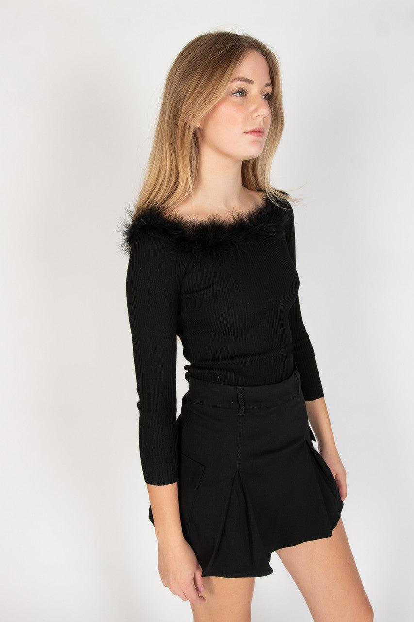Off The Shoulder Feather Trim Sweater Product Image