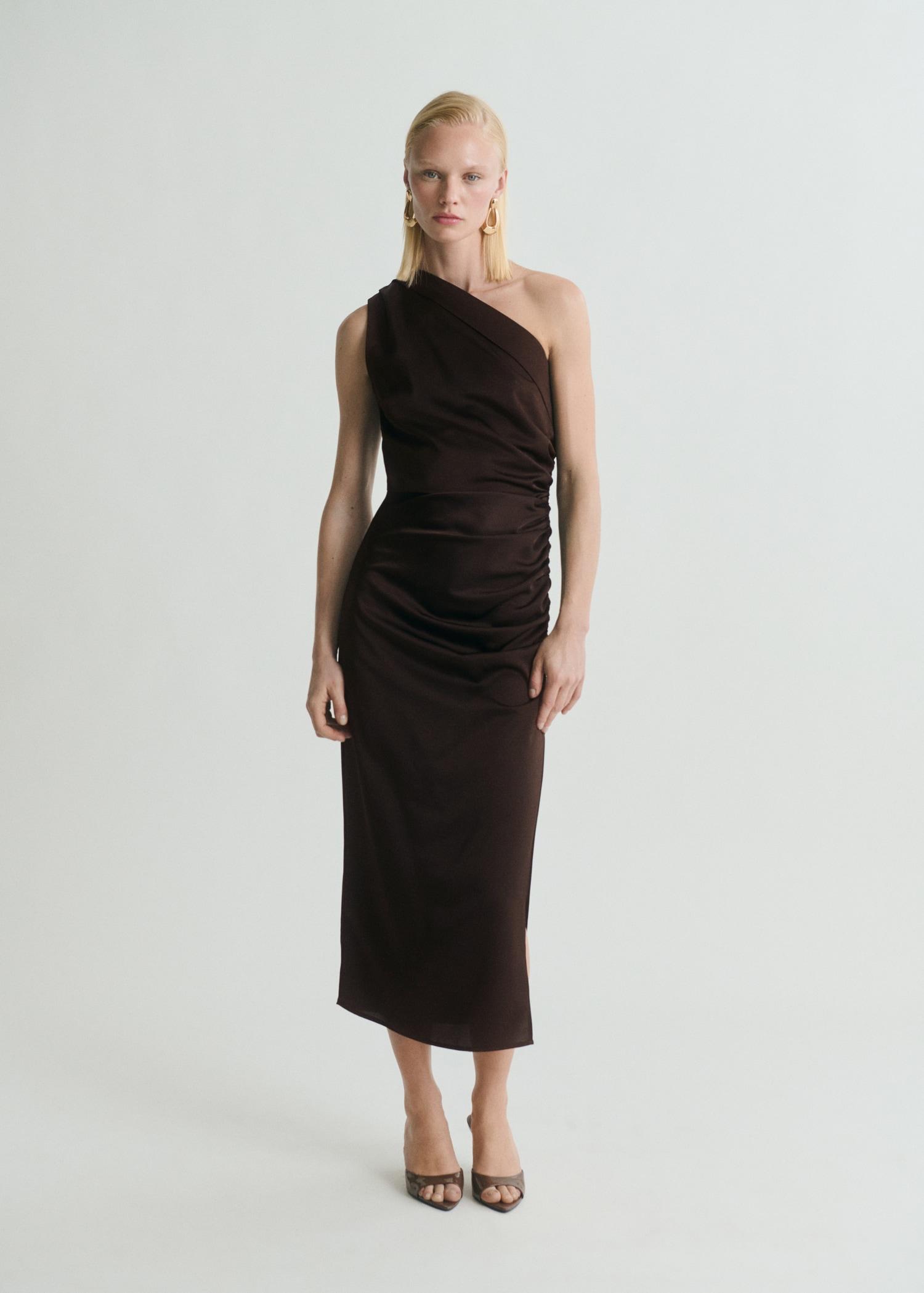 Asymmetrical satin dress with side slits - Women | MANGO USA Product Image