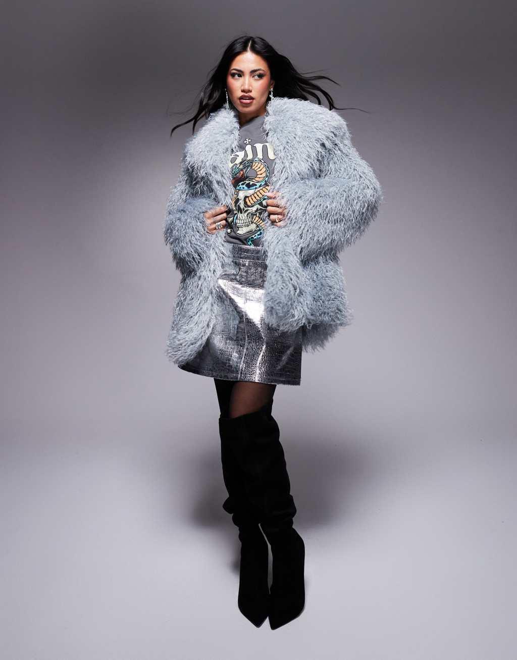 River Island faux leather patch pocket mini skirt in silver Product Image