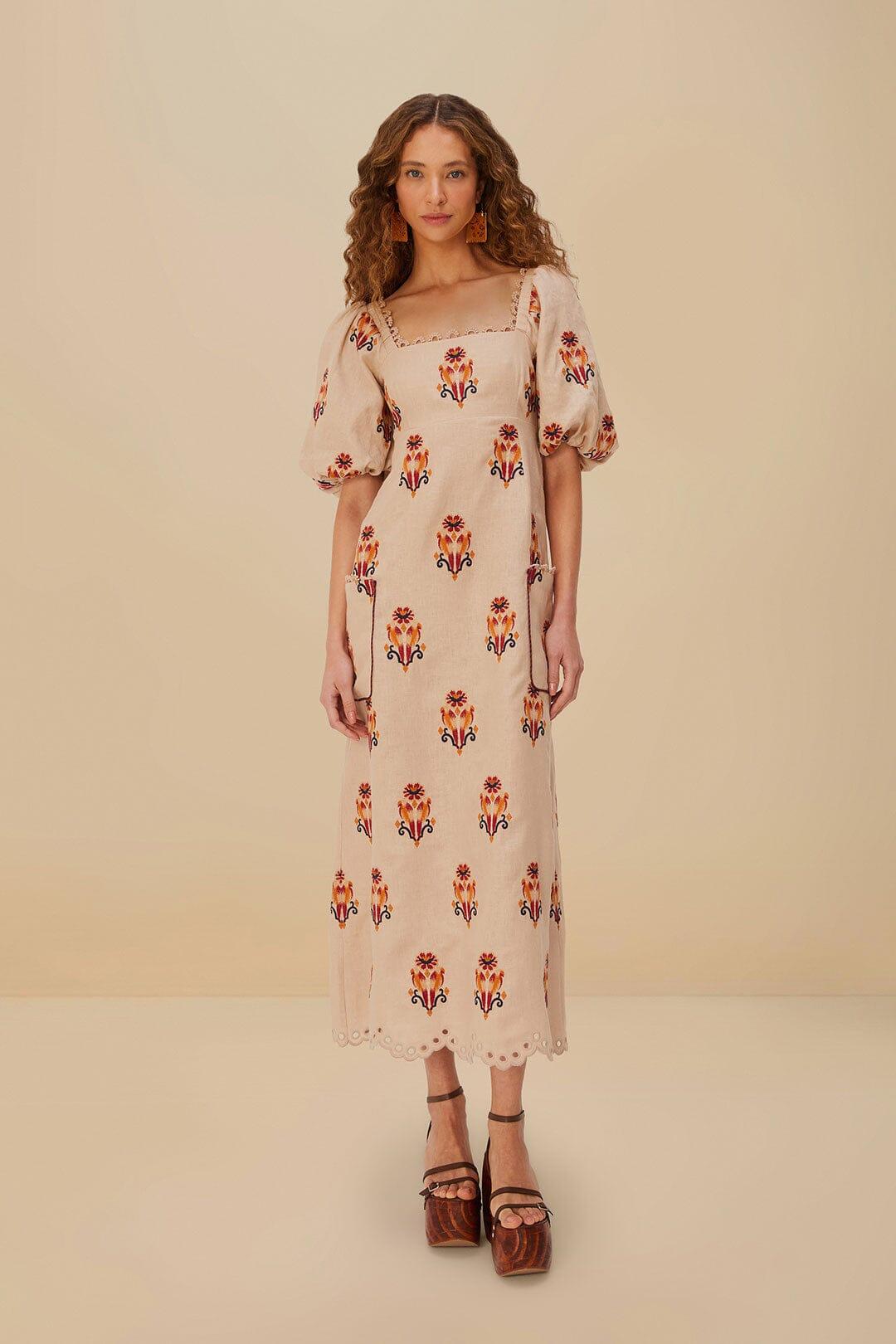 Rose Embroidered Macaw Euroflax™ Premium Linen Maxi Dress Product Image