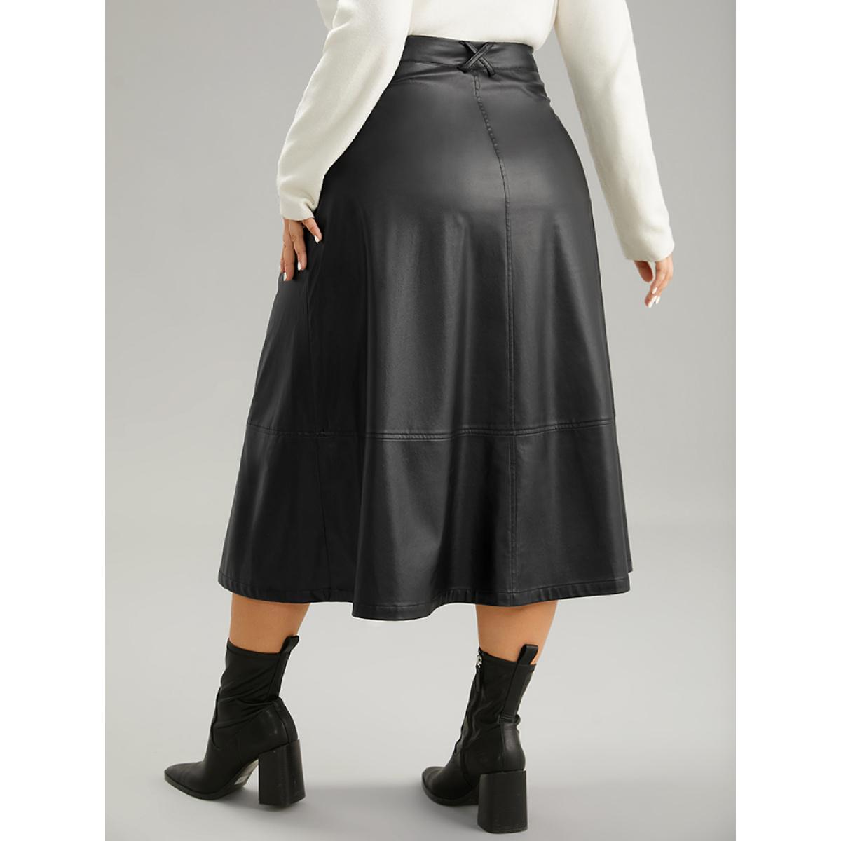 Plus Size PU Leather Pocket Elastic Waist Cropped Skirt Women Black Office Plain No stretch Pocket Office Skirts BloomChic 28/5X Product Image
