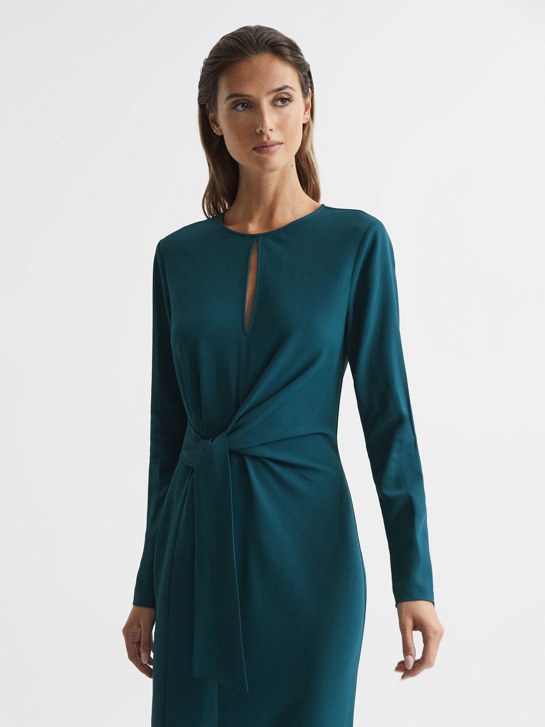 Tie Waist Bodycon Midi Dress in Teal Product Image