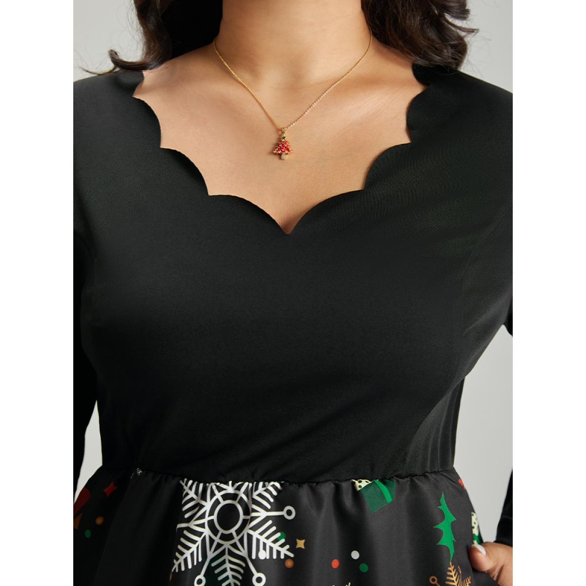 Plus Size Christmas Print Patchwork Scalloped Trim Elastic Waist Dress Black Women Glamour Printed Asymmetrical Neck Long Sleeve Curvy Midi Dress BloomChic 26/4X Product Image