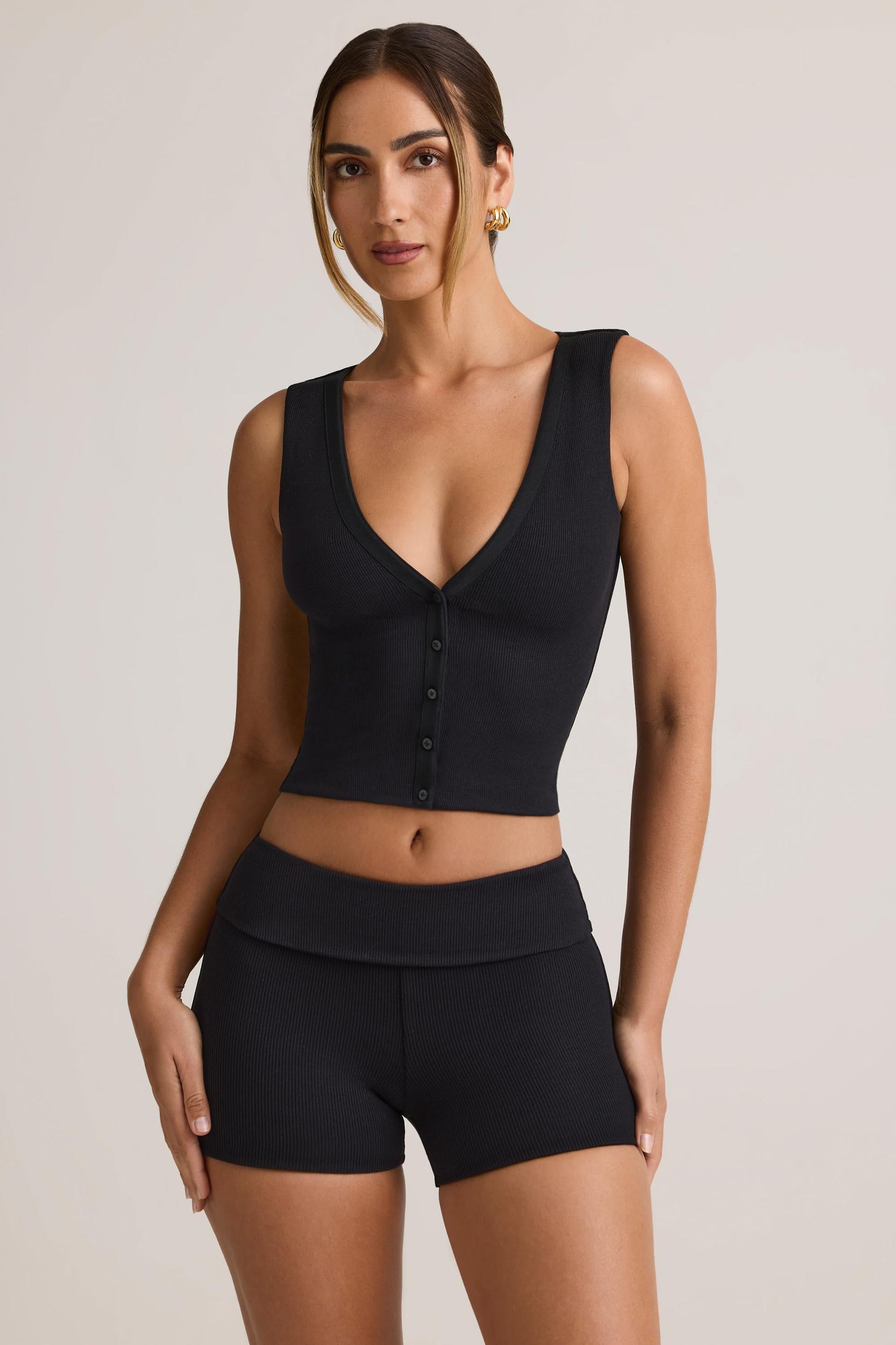 Modal Ribbed Mid-Rise Foldover Shorts in Black Product Image