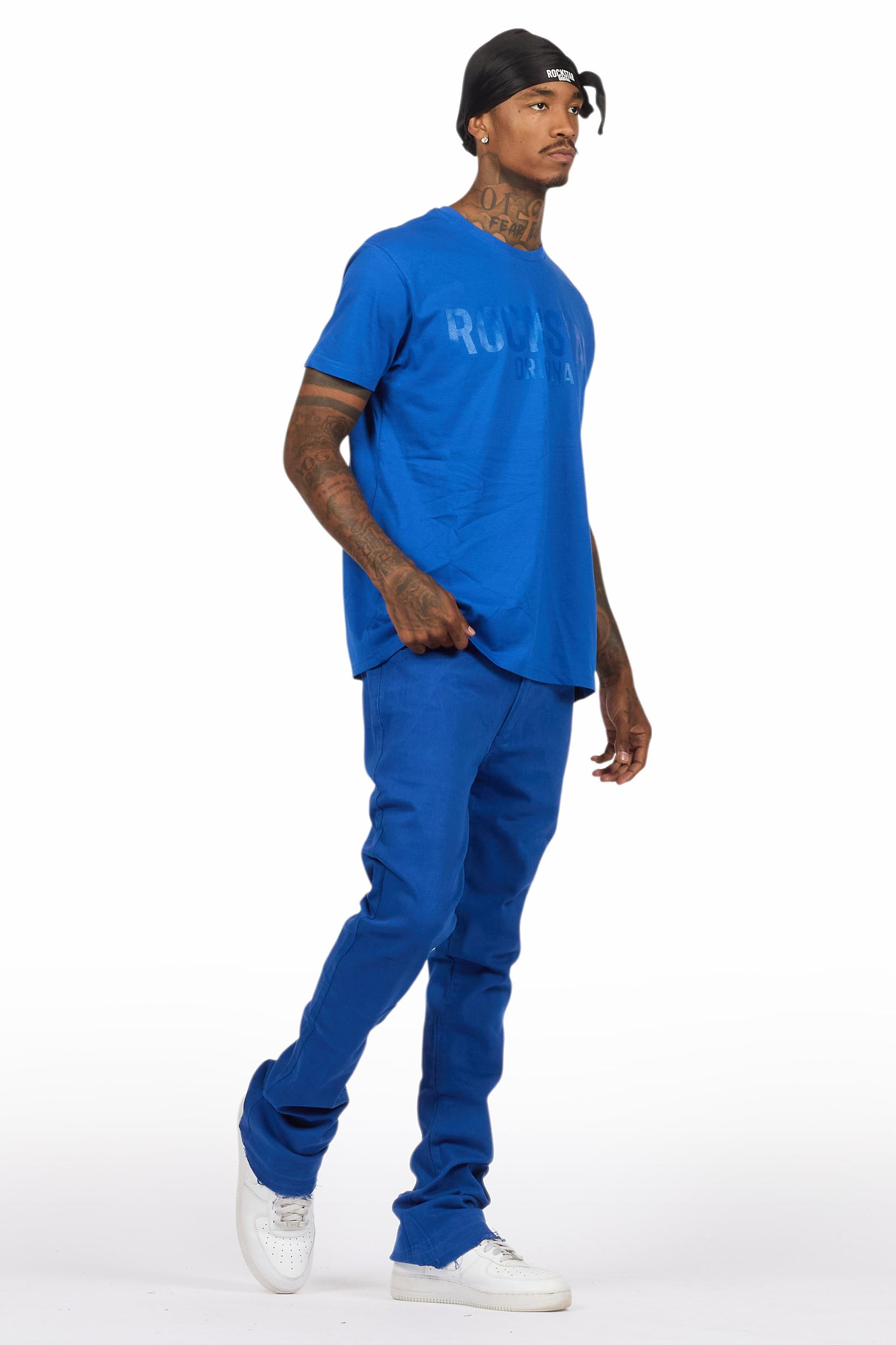 Sana Royal Blue T-Shirt/Dag Stacked Flare Jean Set Male Product Image