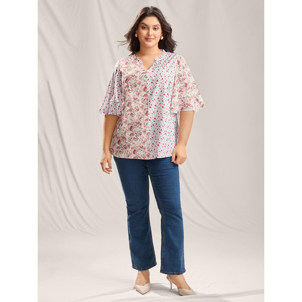 Plus Size Lightpink Floral Contrast Print Button Detail Blouse Women Timeless Half Sleeve Notched collar Elegant Blouses BloomChic 12/L Product Image
