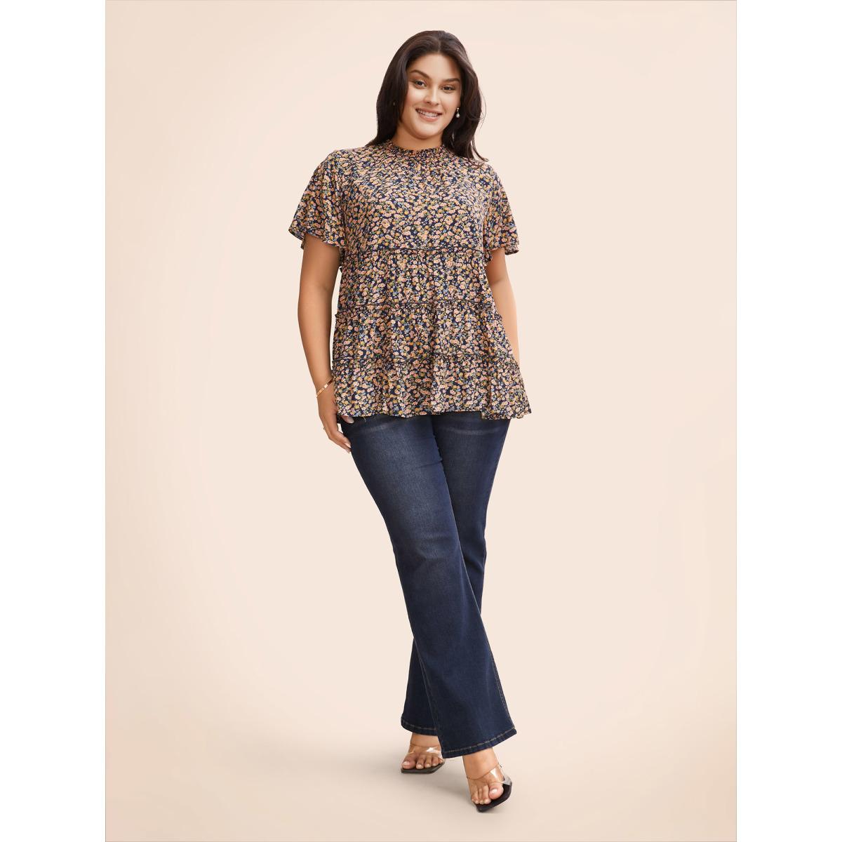 Plus Size Indigo Ditsy Floral Frill Trim Shirred Mock Neck Blouse Women Elegant Short sleeve Halter neck Dailywear Blouses BloomChic 10/M Product Image