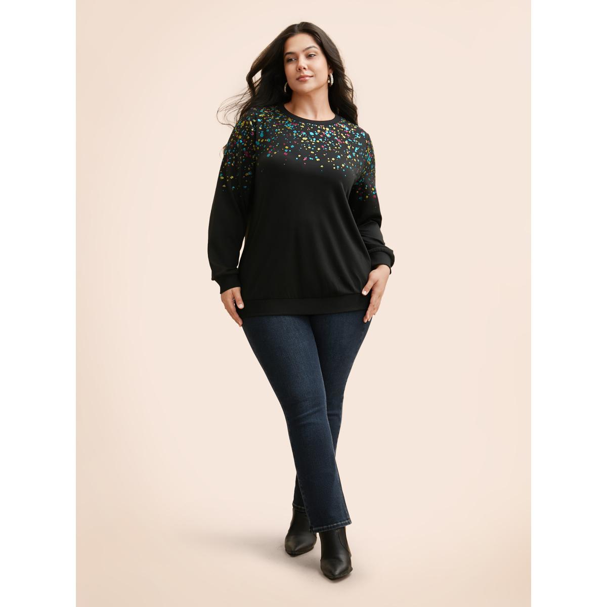 Plus Size Crew Neck Color Glitter Sweatshirt Women Black Casual Patchwork Round Neck Everyday Sweatshirts BloomChic 22-24/3X Product Image