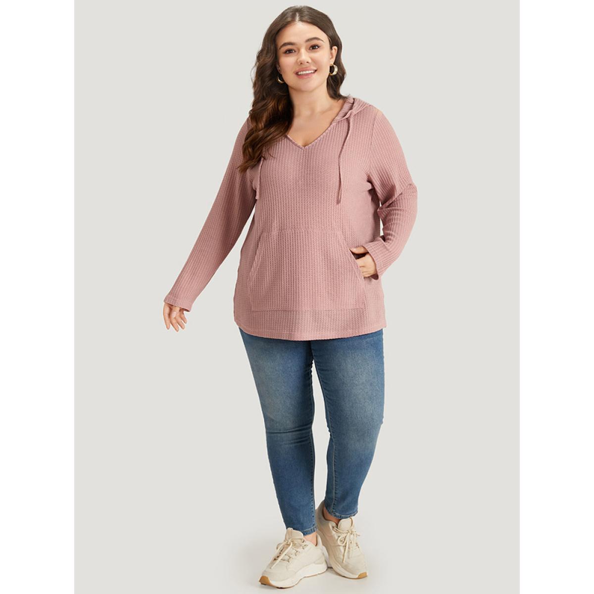 Plus Size Plain Waffle Knit Pocket Drawstring Hooded Sweatshirt Women Pink Casual Plain Hooded Dailywear Sweatshirts BloomChic 14-16/1X Product Image