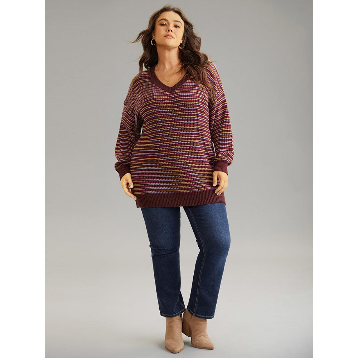 Plus Size Textured Striped Drop Shoulder Pullover Multicolor Women Casual Loose Long Sleeve V-neck Dailywear Pullovers BloomChic 22-24/3X Product Image