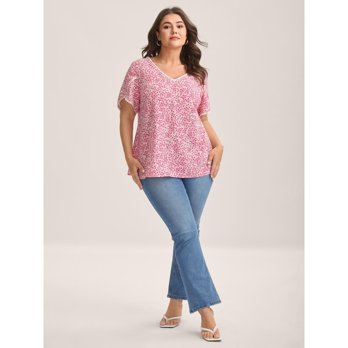 Plus Size WhiteSmoke Petal Sleeve Floral Lace Spliced Shirt Women Romantic Short sleeve V-neck Elegant Blouses BloomChic 12/L Product Image