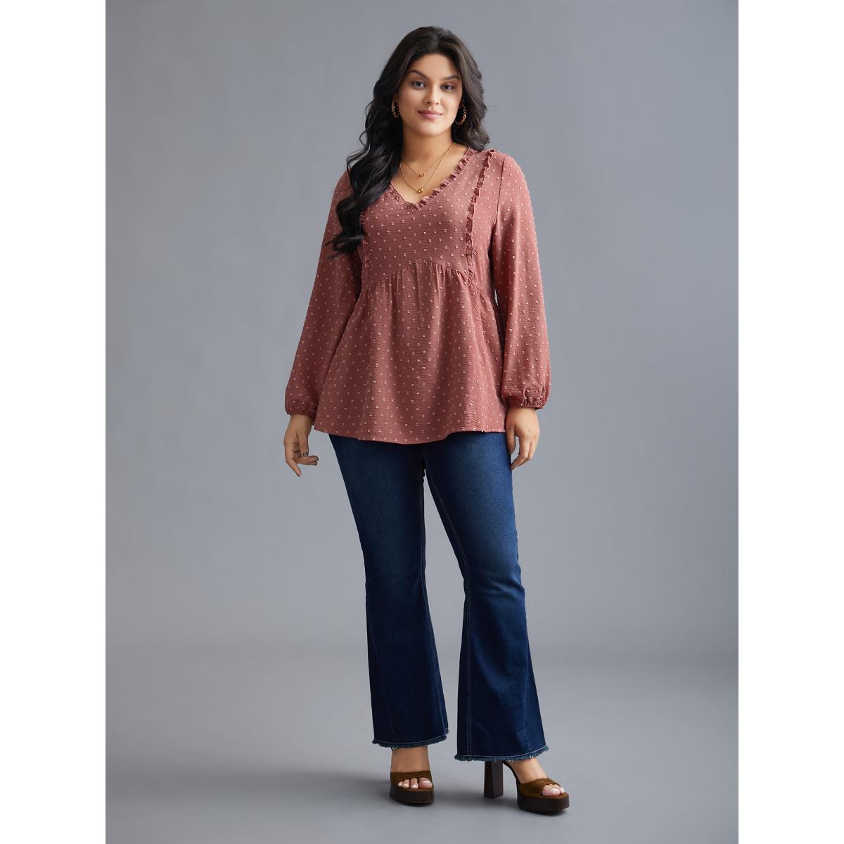 Plus Size Rouge V Neck Ruffle Trim Elastic Cuffs Blouse Women Elegant Long Sleeve V-neck Everyday Blouses BloomChic 28/5X Product Image