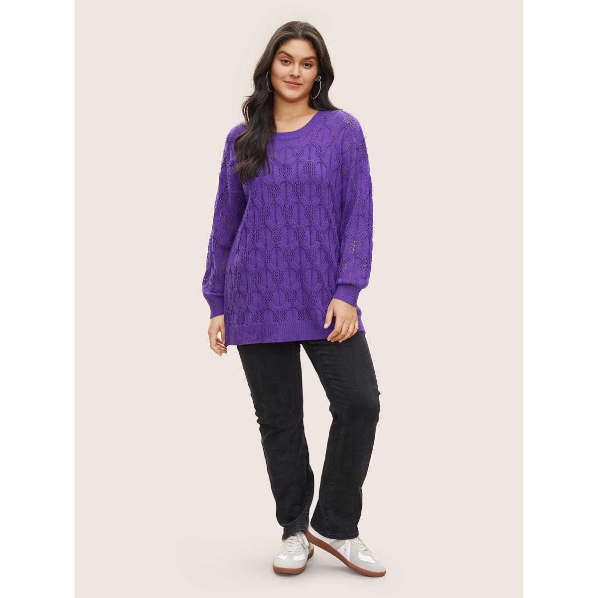 Plus Size Plain Drop Shoulder Geometric Hollow Out Pullover Purple Women Casual Long Sleeve Round Neck Everyday Pullovers BloomChic 22-24/3X Product Image
