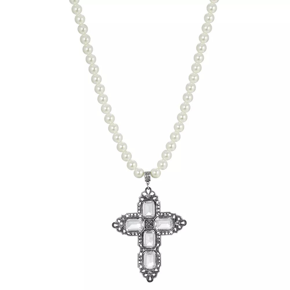 1928 Silver Tone Rectangle Crystal Cross Simulated Pearl Necklace, Women's, Clear Product Image