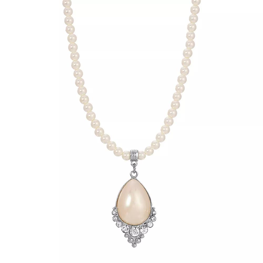 1928 Silver Tone Simulated Crystal and Pearl Teardrop Necklace, Women's, White Product Image