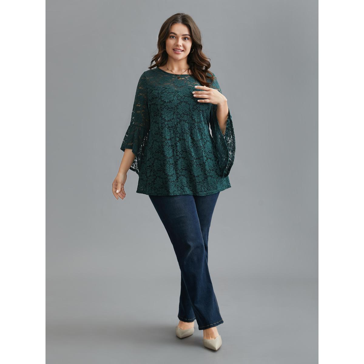 Plus Size DarkGreen Sheer Lace Irregular Sleeve Lined Shirt Women Romantic Long Sleeve Round Neck Elegant Blouses BloomChic 30/6X Product Image