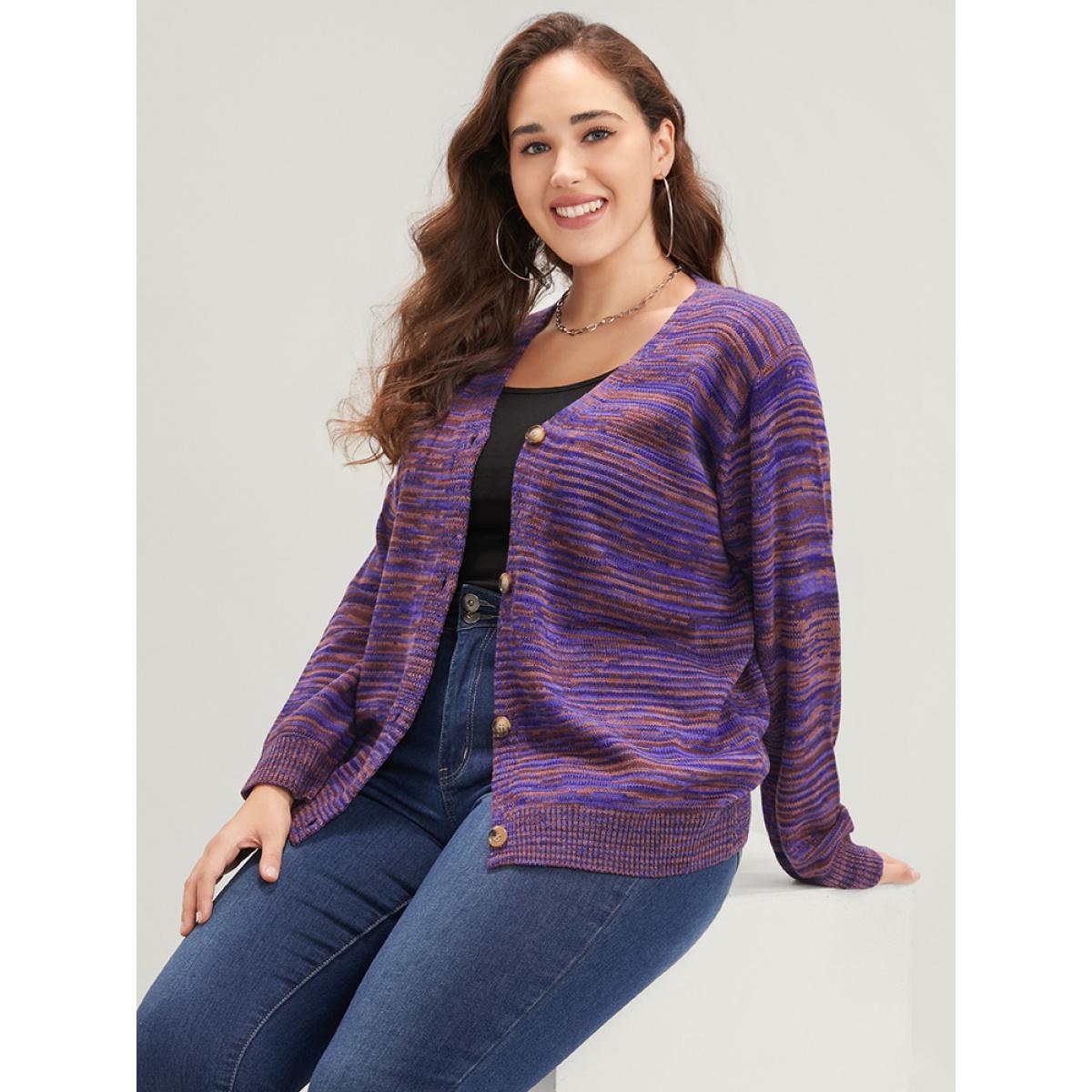 Plus Size Space Dye Pointelle Knit Button Front Heather Cardigan Eggplant Women Casual Loose Long Sleeve Dailywear Cardigans BloomChic 14-16/1X Product Image