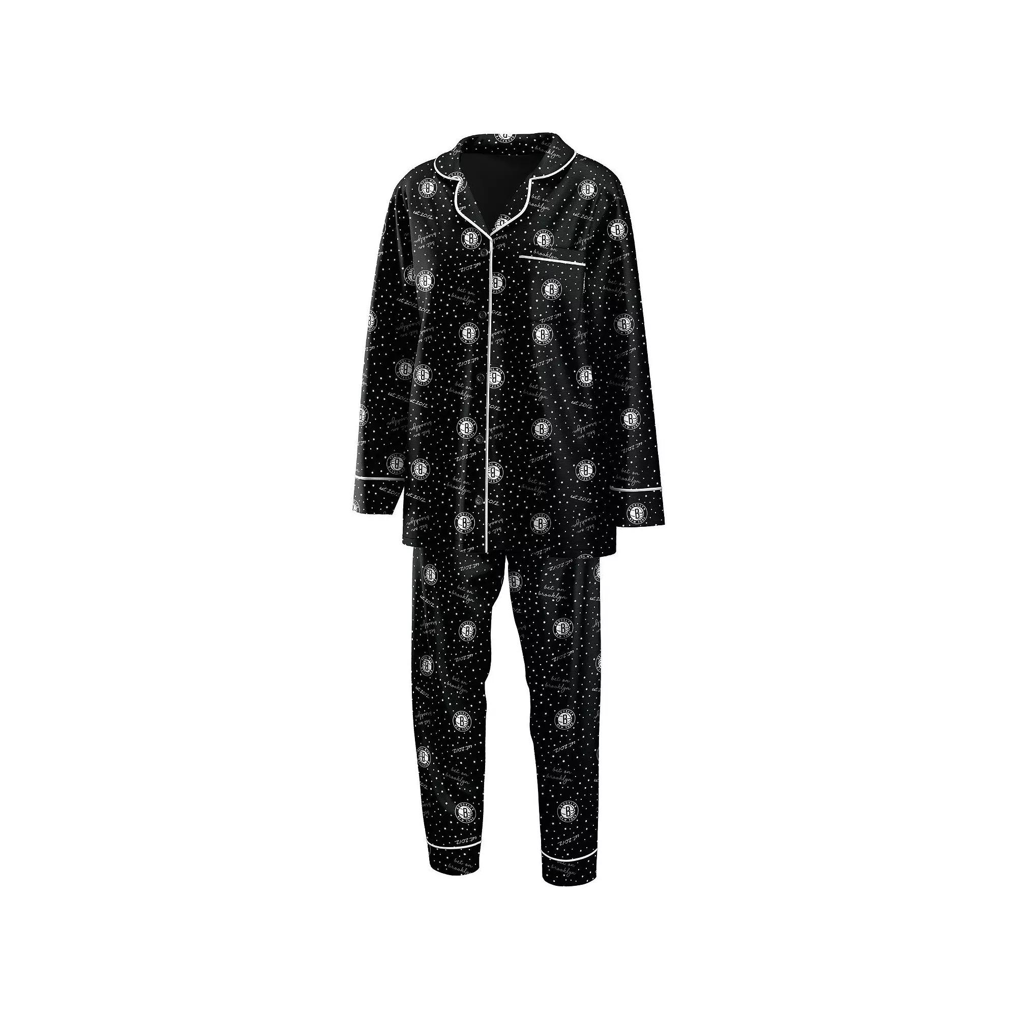 Women's WEAR by Erin Andrews Black Brooklyn Nets Long Sleeve Button-Up Shirt & Pants Sleep Set, Size: XL Product Image