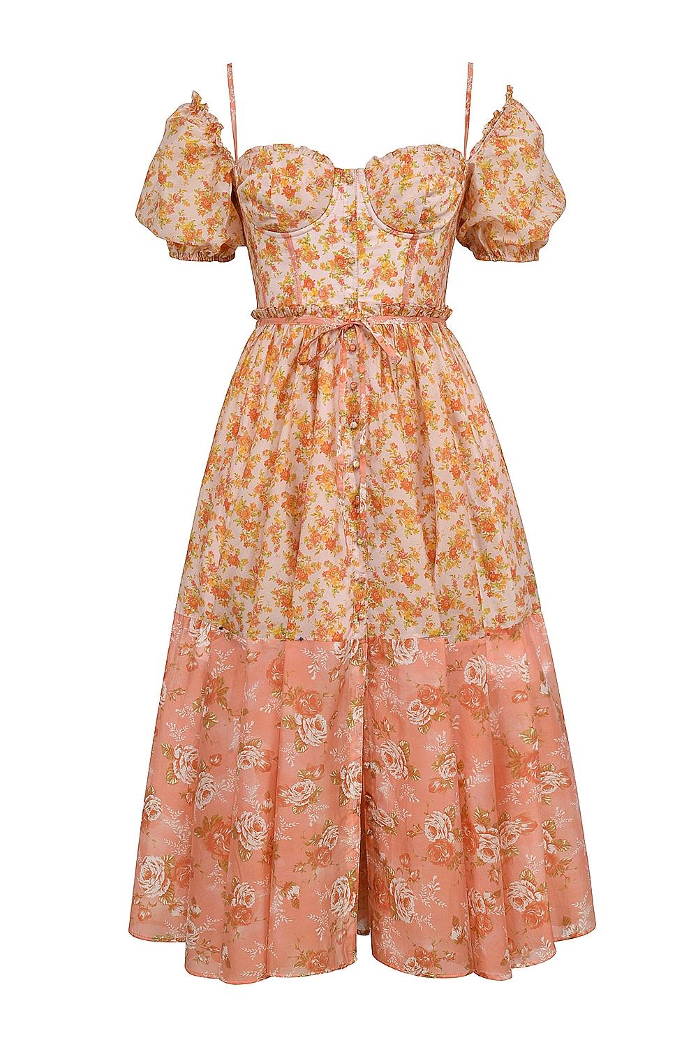 Penelope  peach poppy print puff sleeve midi sundress Product Image