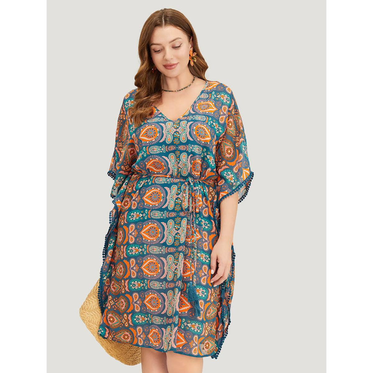 Plus Size Paisley Print Dolman Sleeve Tassels Pompom Trim Cover Up Women Multicolor Vacation See through Loose Belt Dailywear Kimonos BloomChic 10/M Product Image