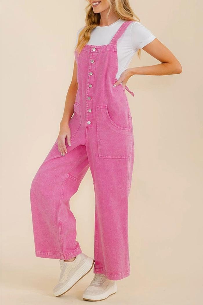 Washed Denim Button Up Wide Leg Overall Jumpsuit Product Image