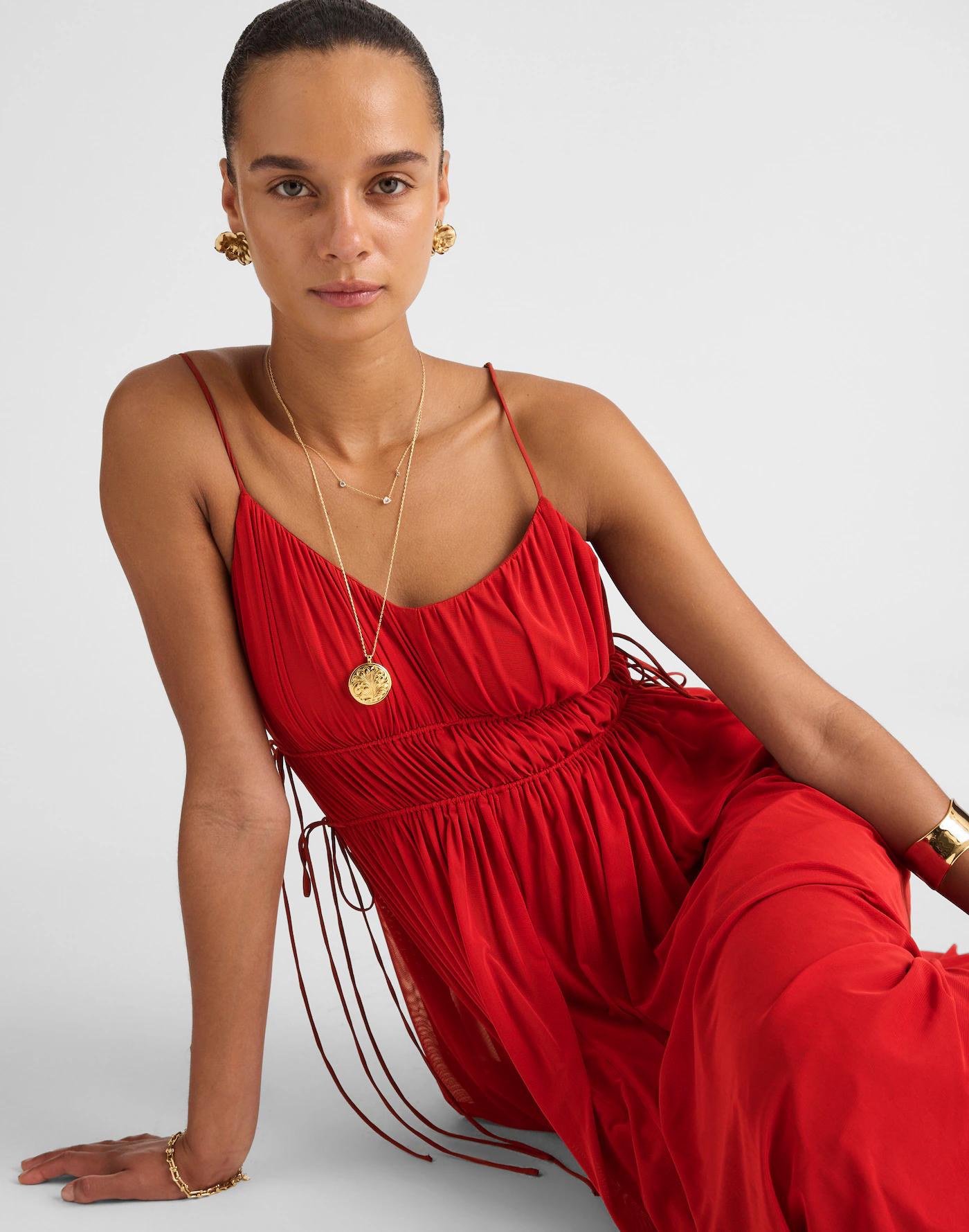 Gathered V-Neck Midi Dress Product Image