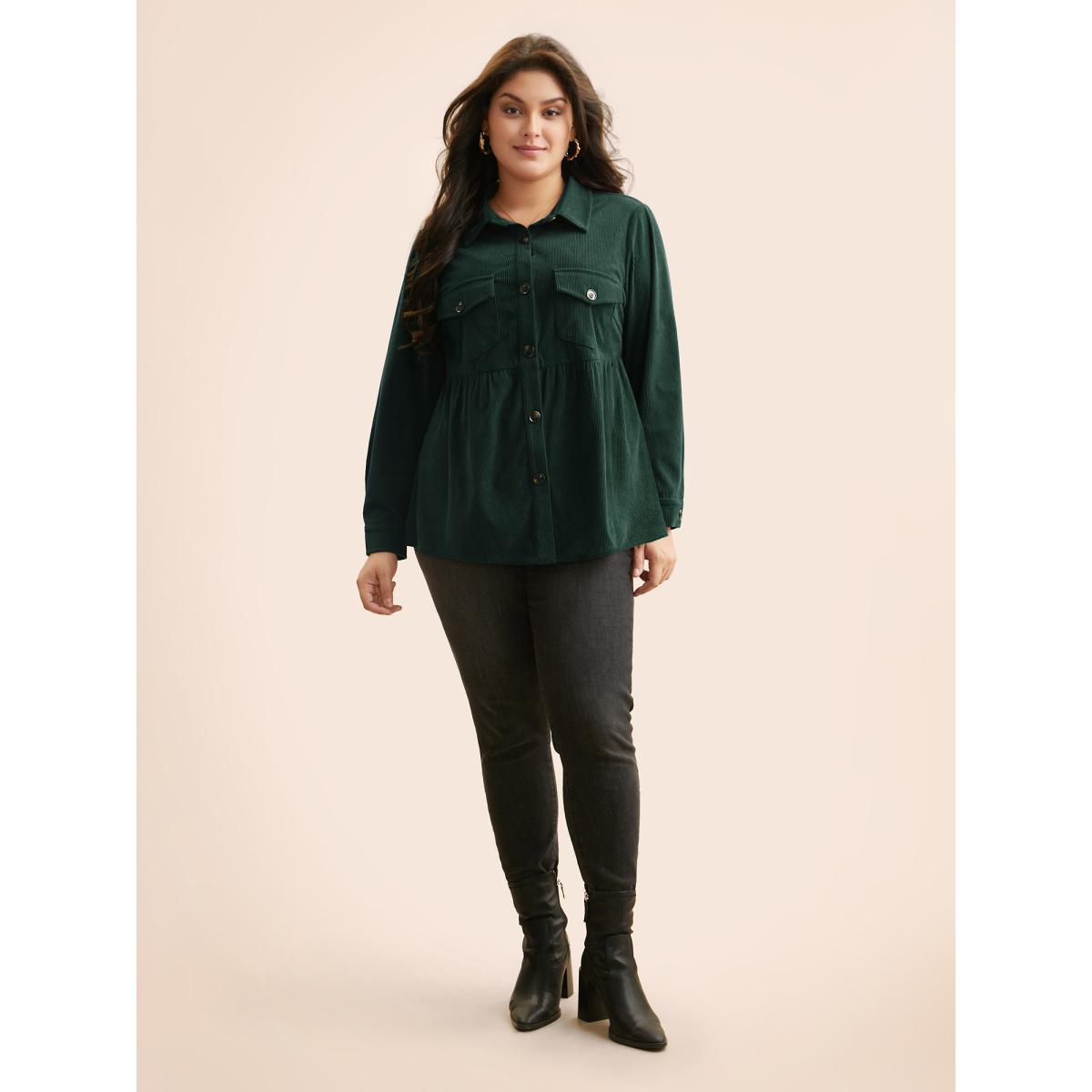 Plus Size Corduroy Collared Flap Detail Jacket Women DarkGreen Gathered Elegant Jackets BloomChic 14-16/1X Product Image
