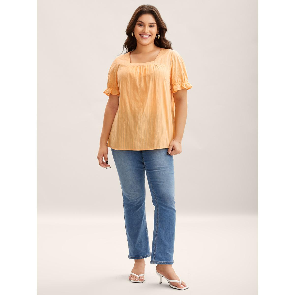 Plus Size Lightorange Cotton Square Neck Ruffled Sleeve Shirt Women Timeless Short sleeve Square Neck Elegant Blouses BloomChic 28/5X Product Image