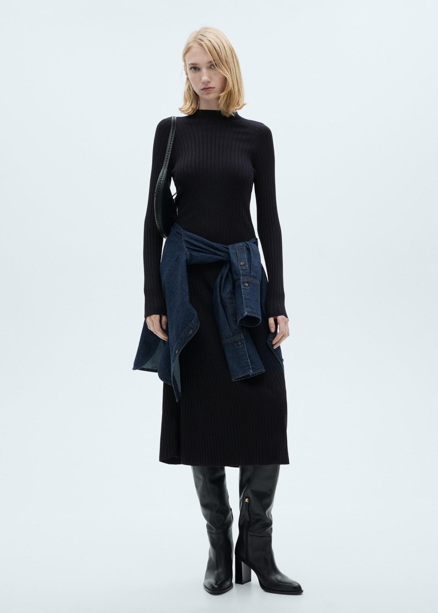 Flared knit dress with perkins collar - Women | MANGO USA Product Image