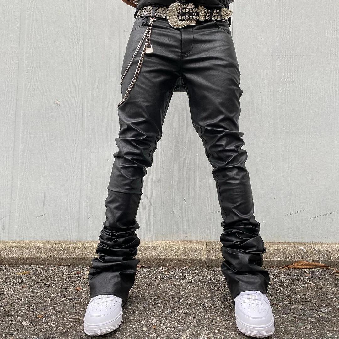Essentials Streetwear Leather Skinny Flare Stacked Pants Product Image