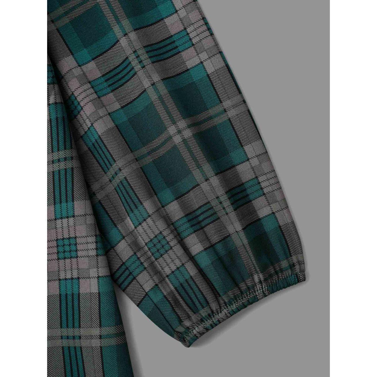 Plus Size DarkSlateGray Plaid Pattern Chest Pocket Blouse Women Elegant Extra Long Sleeve V-neck Everyday Blouses BloomChic 26/4X Product Image