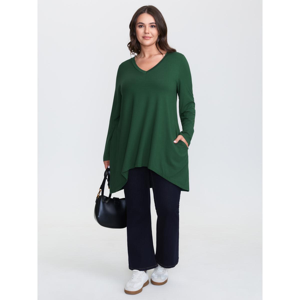 Plus Size Supersoft V Neck High Low Hem T-Shirt DarkGreen Women Leisure V-neck Loose Casual T-shirts BloomChic 22-24/3X Product Image