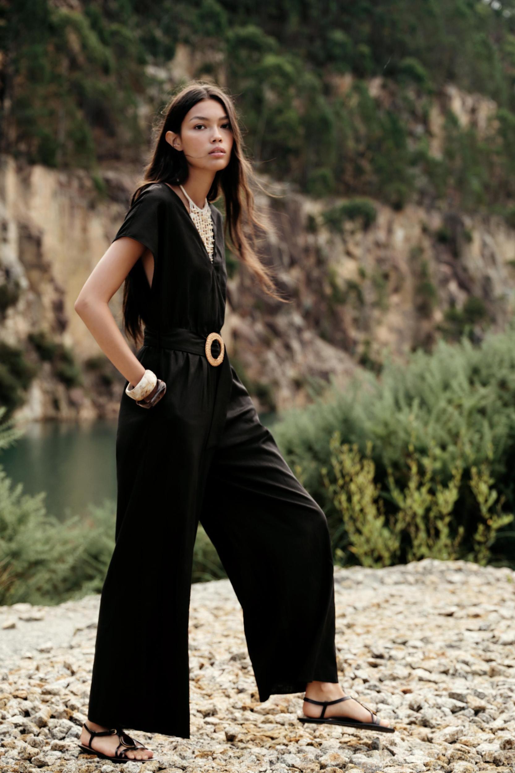 LINEN BELTED LONG JUMPSUIT Product Image
