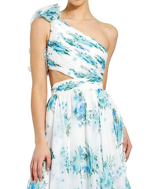Mac Duggal One Shoulder Cut Out Floral Print Chiffon Midi Dress Product Image