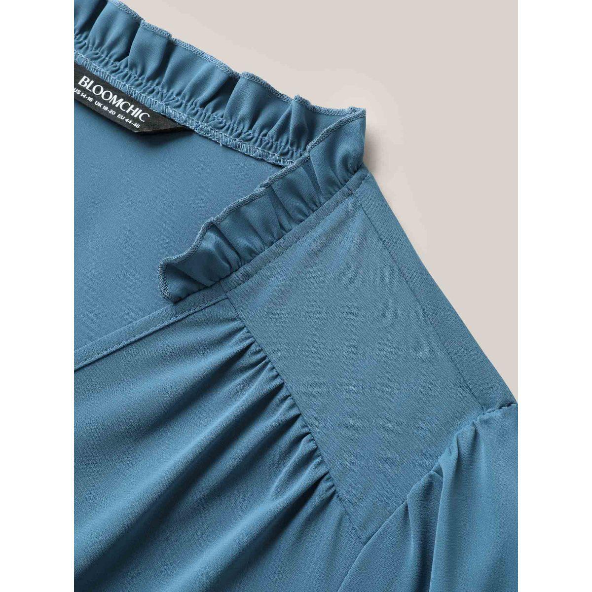 Plus Size Cerulean Shirred Sleeve Collared Plain Blouse Women At the Office Elbow-length sleeve V-neck Work Blouses BloomChic 22-24/3X Product Image