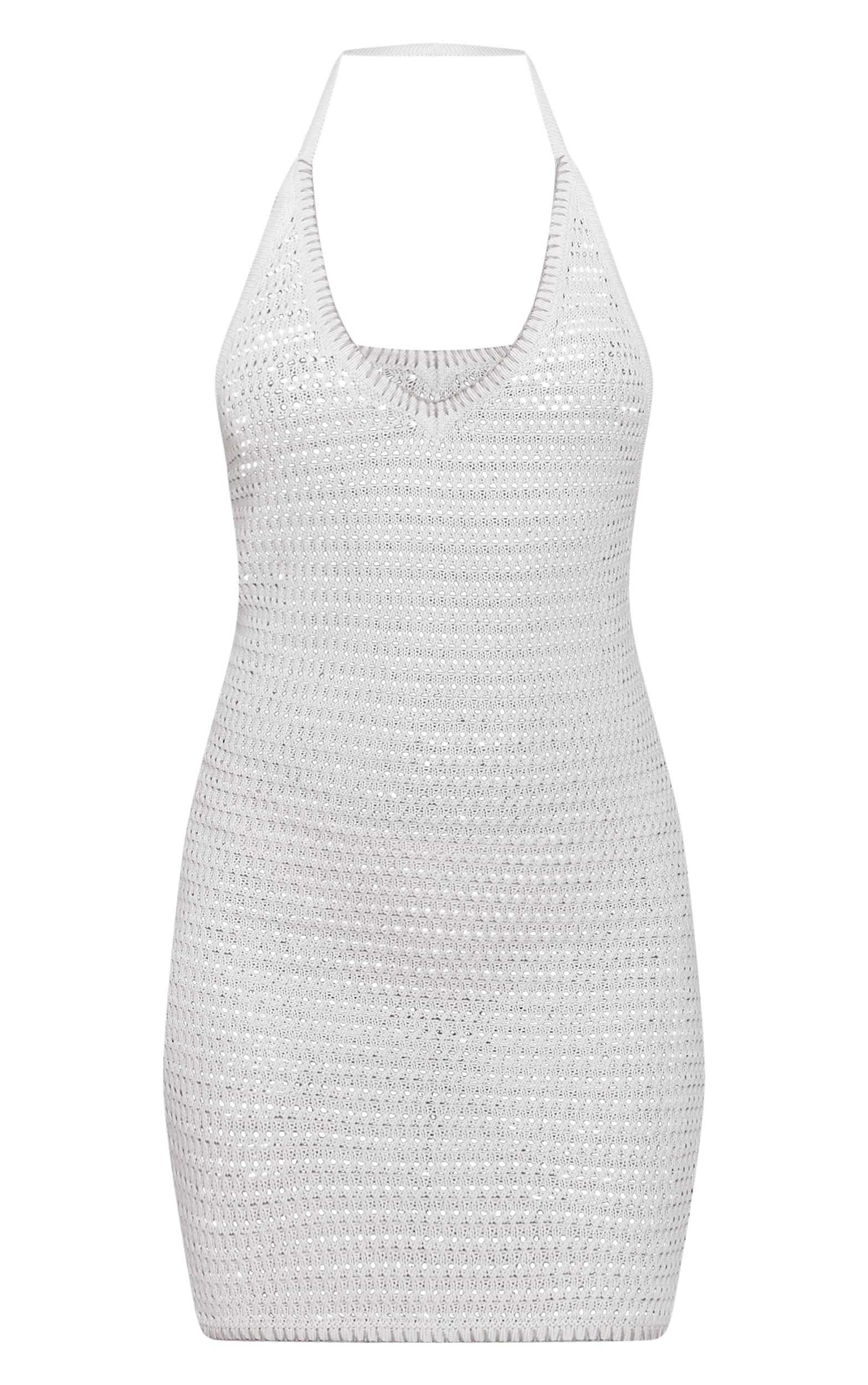 Oatmeal Contrast Stitch Crochet Halter Neck Mini Dress Beige Product Image