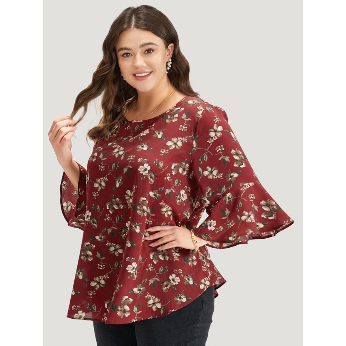 Plus Size Scarlet Floral Print Bell Sleeve Crew Neck Blouse Women Elegant Half Sleeve Round Neck Dailywear Blouses BloomChic 28/5X Product Image