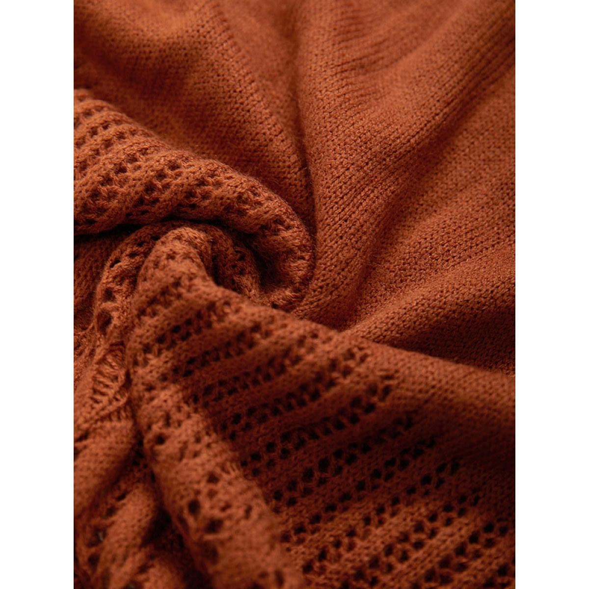 Plus Size Solid Hollow Out Split V Neck Pullover Chocolate Women Casual Loose Long Sleeve V-neck Everyday Pullovers BloomChic 10/M Product Image