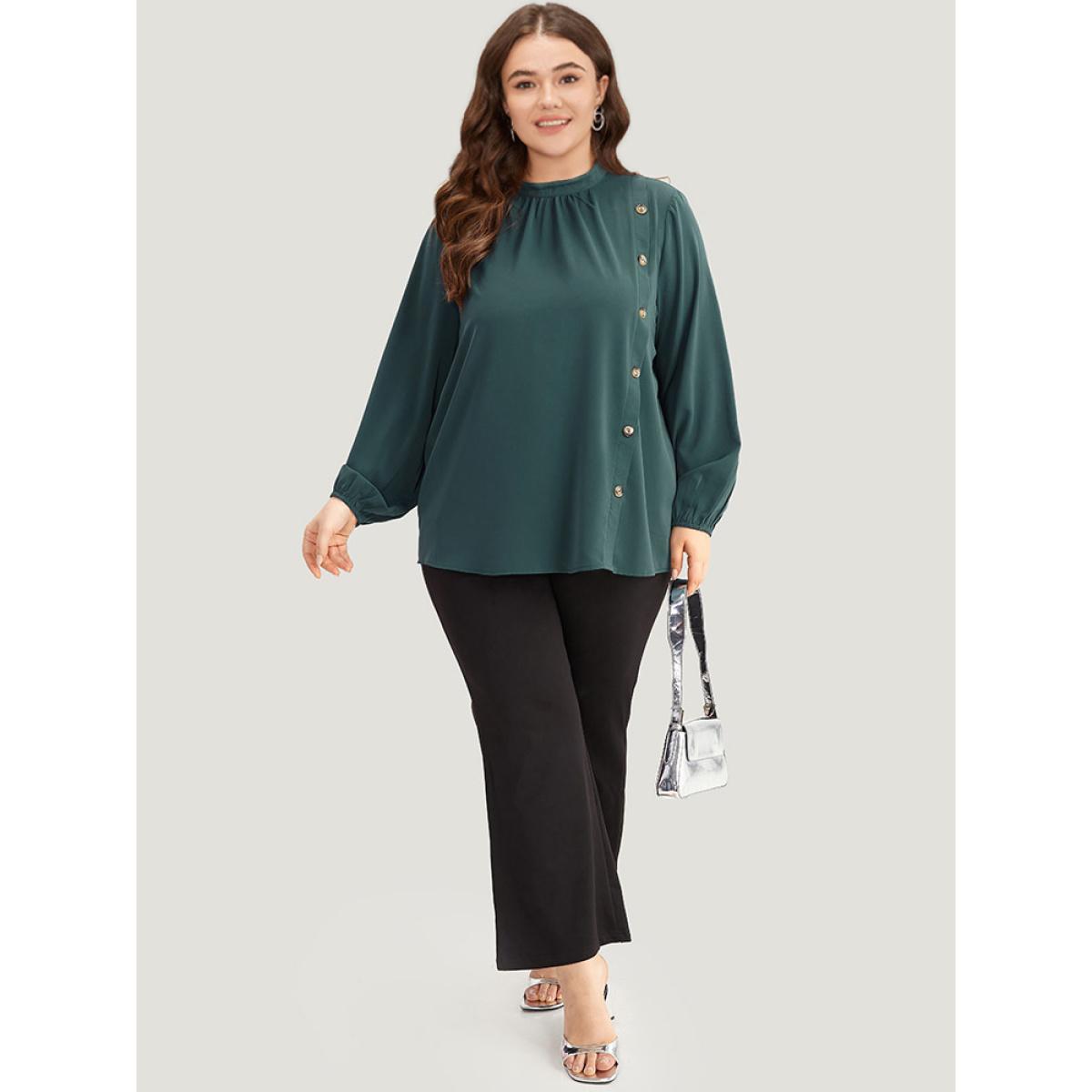 Plus Size Cyan Anti-Wrinkle Asymmetrical Button Gathered Blouse Women Office Long Sleeve Round Neck Work Blouses BloomChic 18-20/2X Product Image